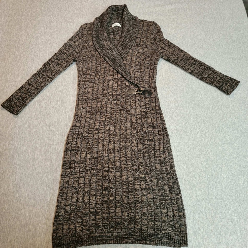 Calvin Klein Sweater Dress Women S Brown Black Shawl Collar Buckle Cable Knit